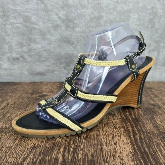 Aerosoles Swish Bone Strappy Wedge Sandals 11 Black Leather Natural Jute Comfort - Picture 14 of 14